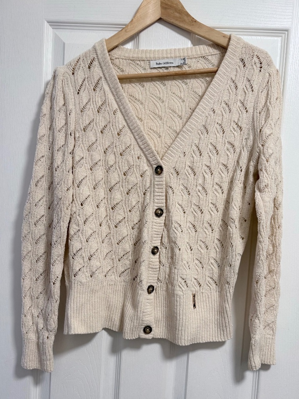 Pedro del Hierro Cream Openwork Knit V-neck Cardigan Cotton Size L